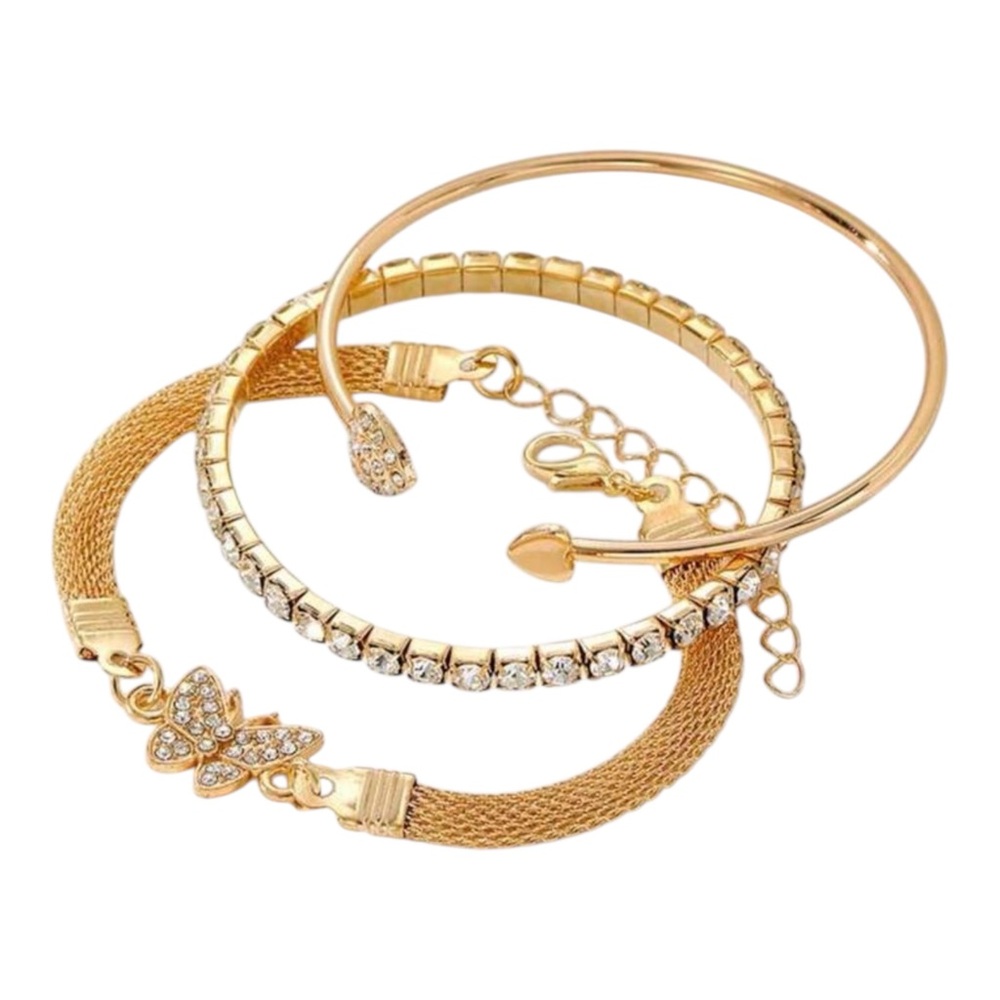 Set of 3 Gold Bracelets Women's Butterfly Crystal Style Tennis Heart Adjustable - Picture 3 of 9
